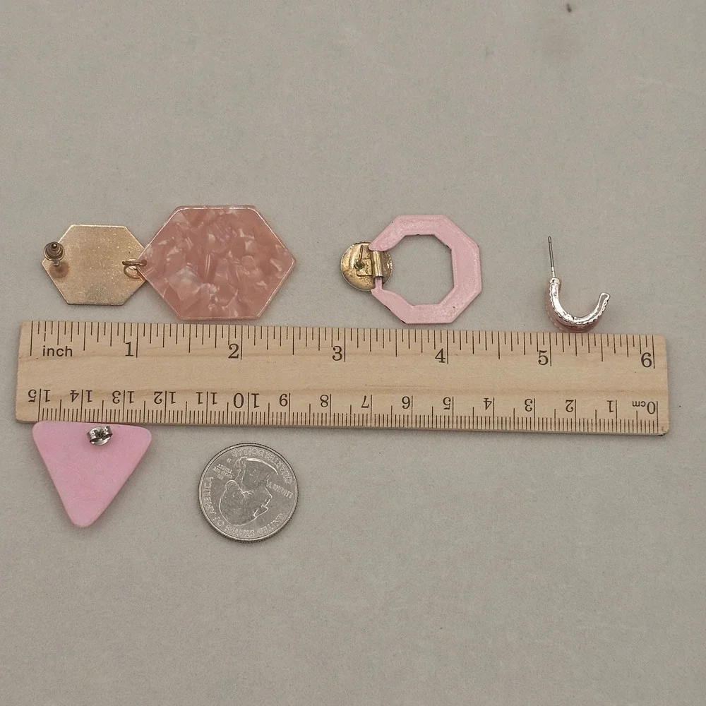 Vintage Geometric Pink Earring Lot 4 Pairs Gold Silver Tones Retro Mod Jewelry